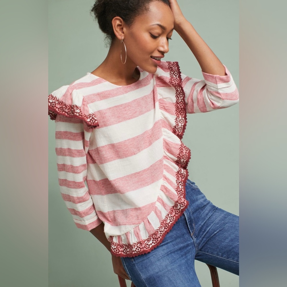 NWOT *ANTHROPOLOGIE* Corey Lynn Calter Ruffled Stripe Top…*RED & WHITE*…Size: 8